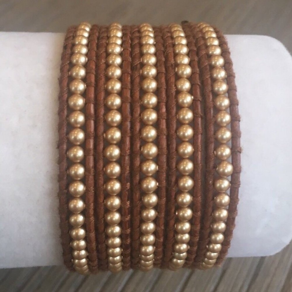 New Auth Chan Luu Gold Pearl Five Wrap Bracelet on Gold Leather
